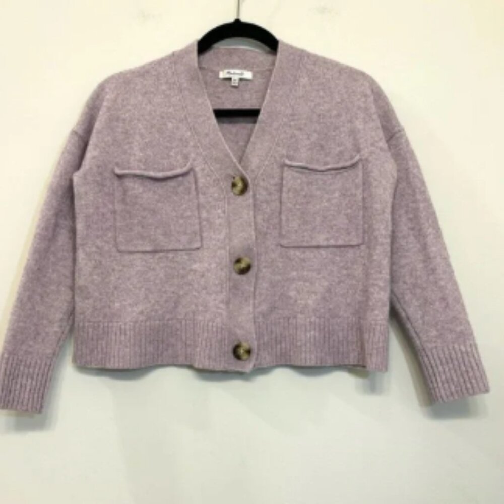 Madewell Upton Cropped Cardigan Sweater Boxy Button Pockets Wool Blend Lavender‎